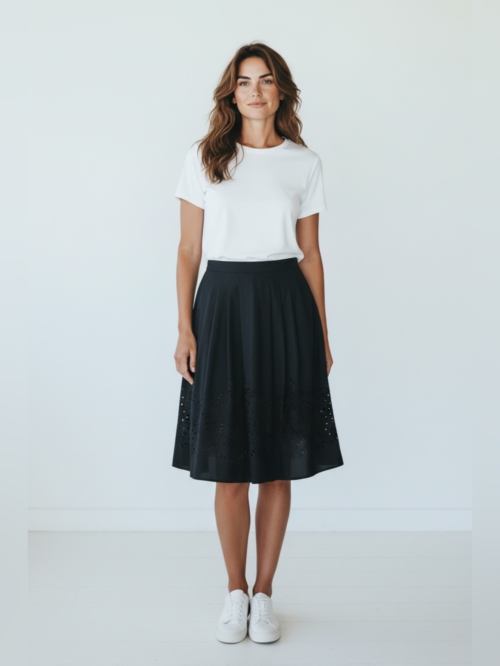 Elie Tahari Silk Black A-Line Skirt with Laser-Cut Design and Pockets